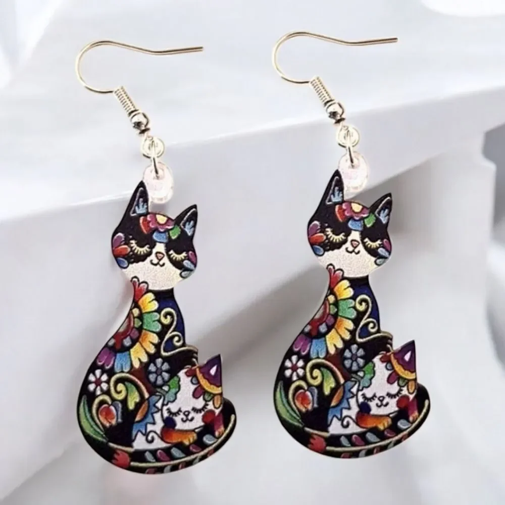 Colorful Folk Art Black Cat Earrings | Floral Acrylic Dangle Pierced Jewelry NWT